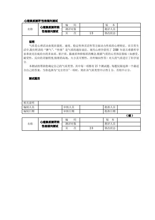 气质类型测试(多血质、胆汁质、粘液质、抑郁质)