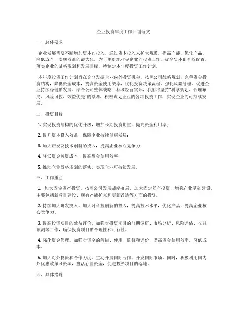 企业投资年度工作计划范文