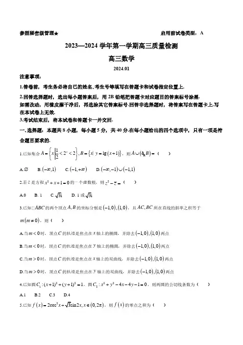 2024年山东省枣庄市高三上学期期末考试数学试题试题及答案