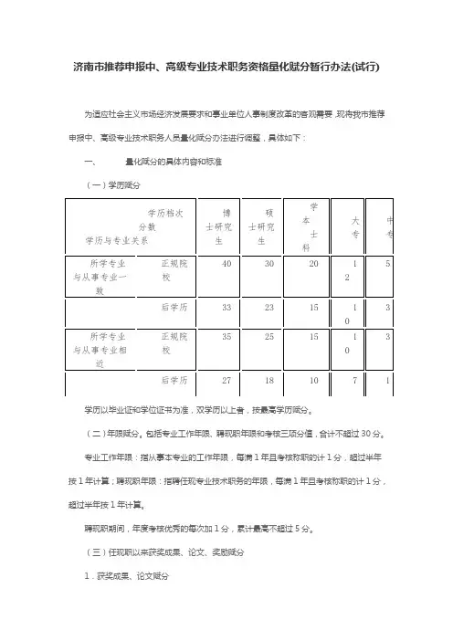 职称评审量化赋分办法