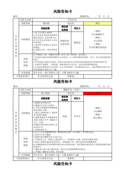 矿山企业风险告知卡参考模板范本