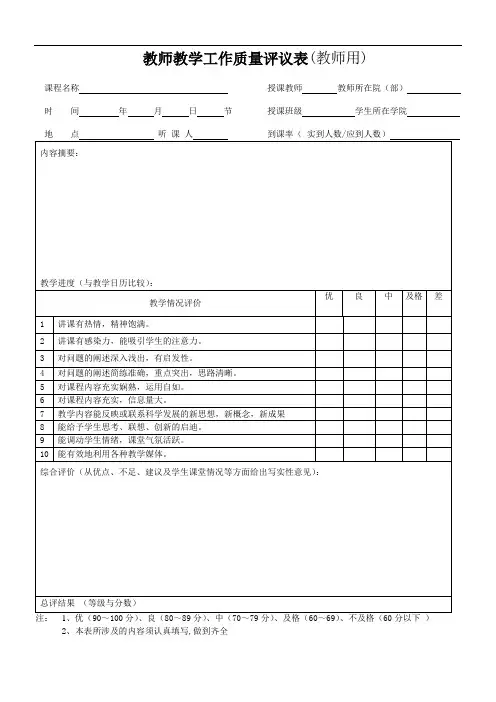 教师教学工作质量评议表(教师用)