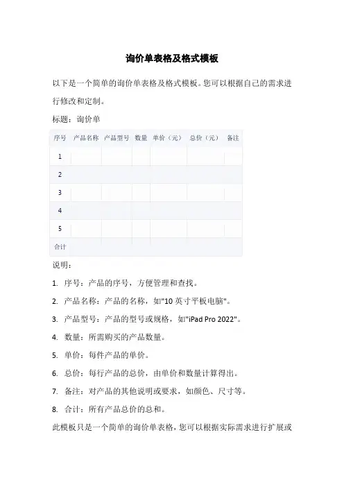 询价单表格及格式模板