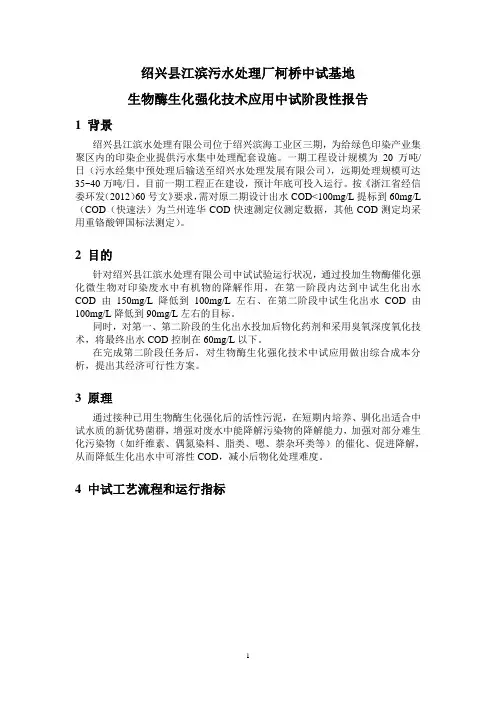 绍兴江滨污水处理厂中试基地生物酶生化强化技术应用中试阶段性报告