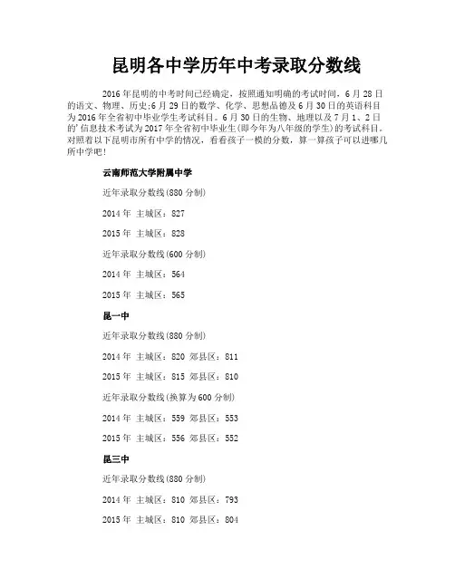 昆明各中学历年中考录取分数线