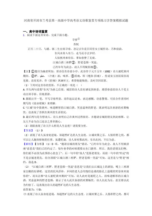 河南省开封市兰考县第一高级中学高考语文诗歌鉴赏专项练习含答案模拟试题