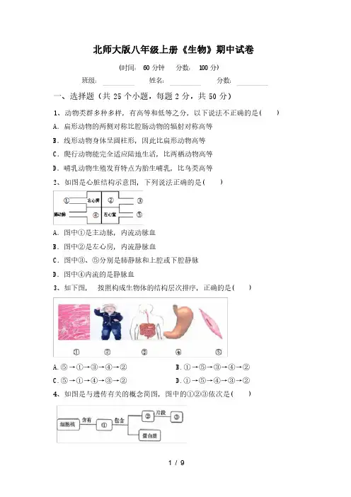 北师大版八年级上册《生物》期中试卷(含答案)