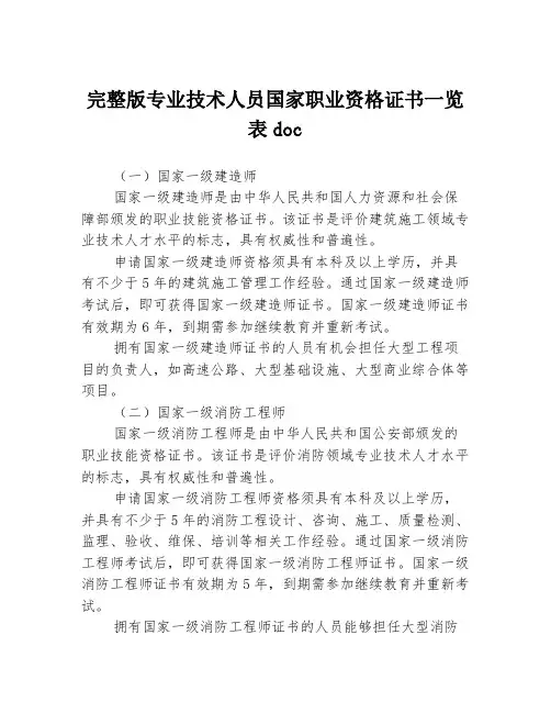 完整版专业技术人员国家职业资格证书一览表doc3篇