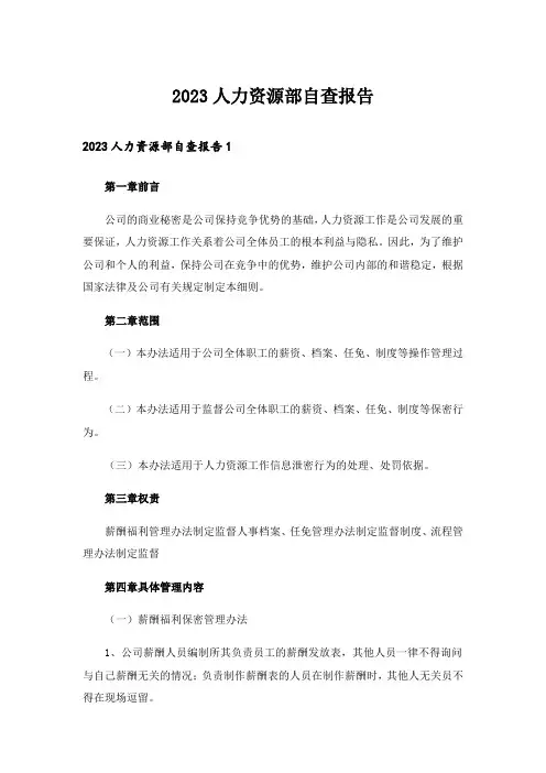 2023人力资源部自查报告