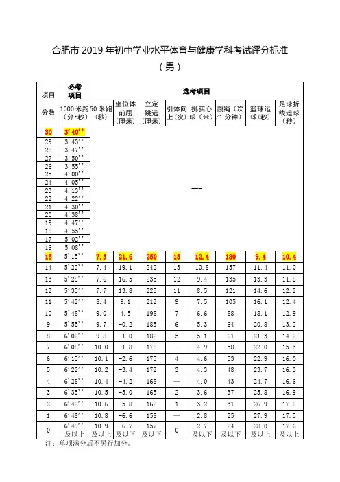 合肥市2019年中考体育项目及评分标准