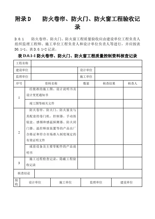 附录D 防火卷帘、防火门、防火窗工程验收记录