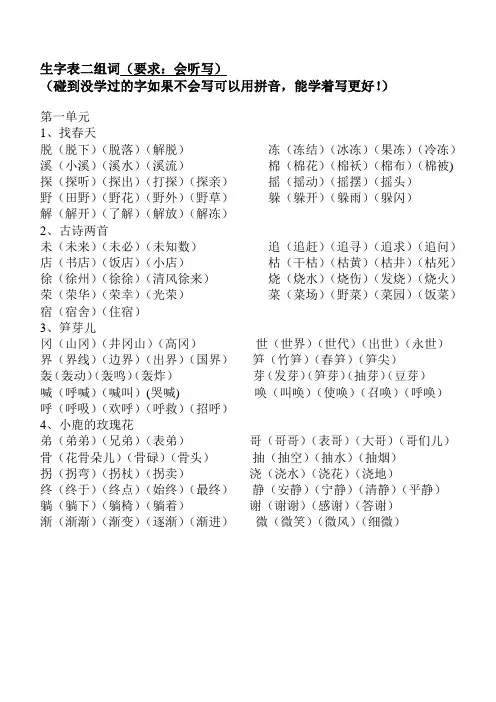 3月2日语文二下生字表二组词(会听写)