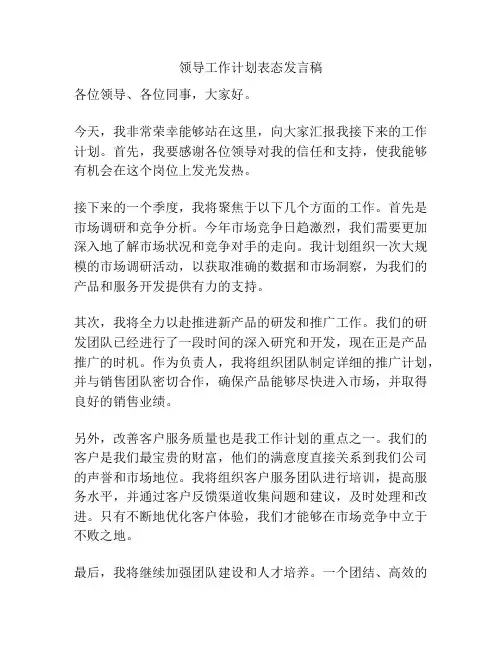 领导工作计划表态发言稿