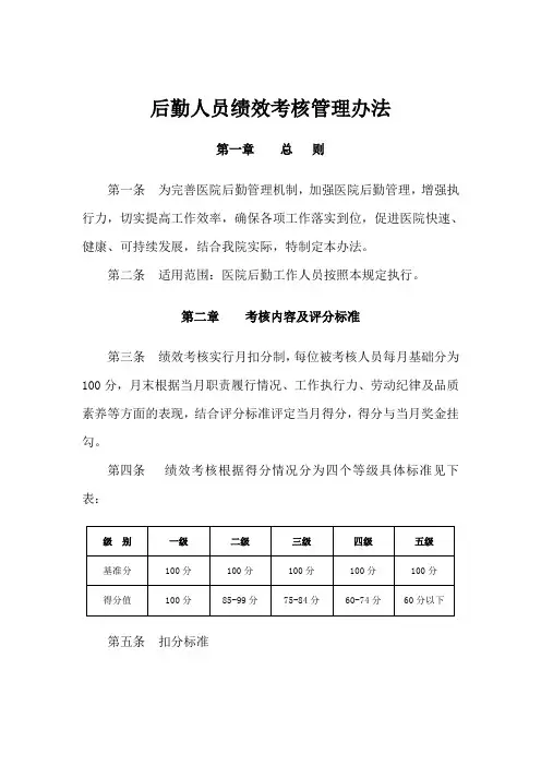 医院行政后勤人员绩效考核管理办法