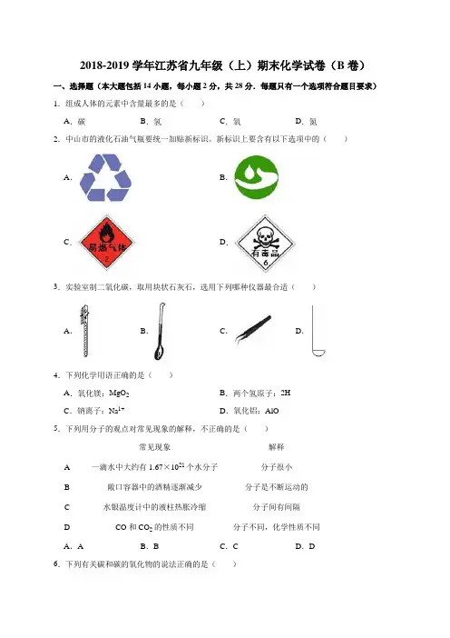 2018-2019学年江苏省九年级(上)期末化学试卷(b卷)(解析版)