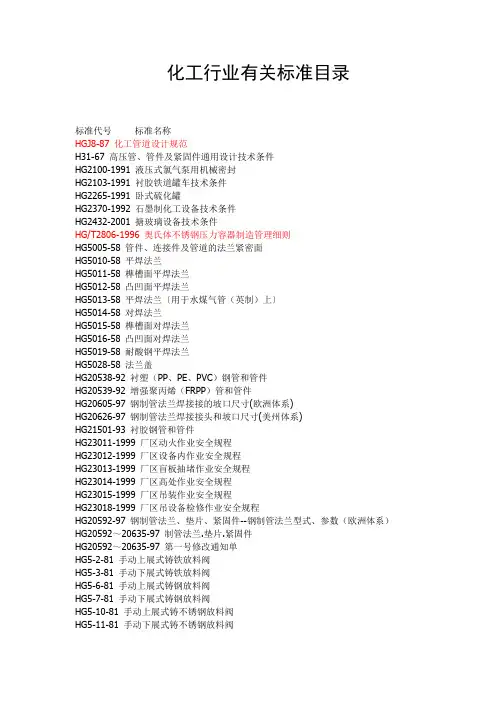 化工行业有关标准目录