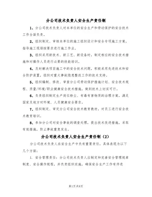 分公司技术负责人安全生产责任制(5篇)