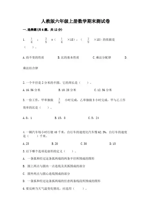 人教版六年级上册数学期末测试卷(精品)word版