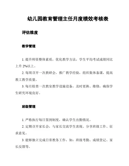 幼儿园教育管理主任月度绩效考核表