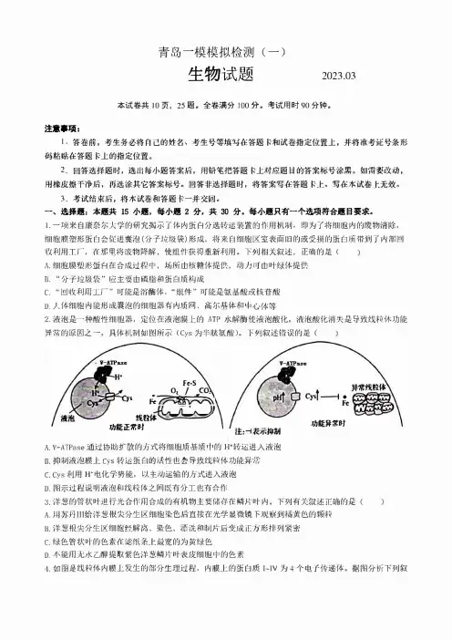 山东省青岛市2023届高三年级第一次模拟生物试题 附答案