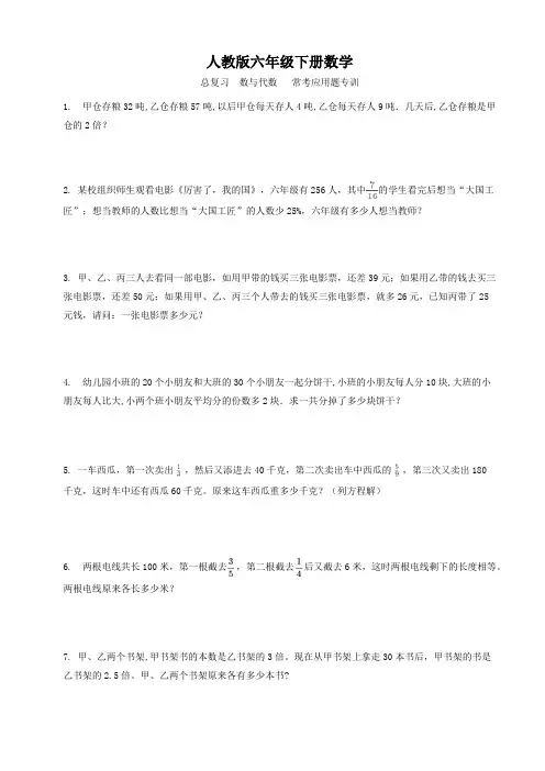 人教版六年级下册数学  总复习  数与代数   常考应用题专训