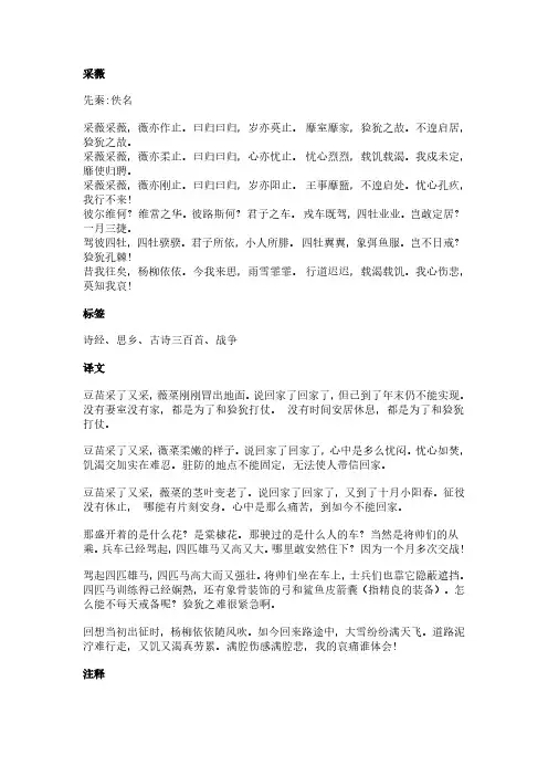 采薇(佚名作品)原文、翻译及赏析