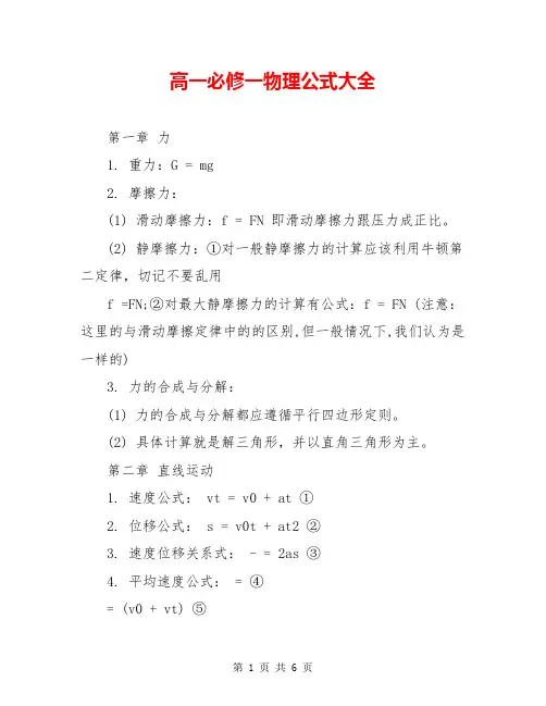 高一必修一物理公式大全