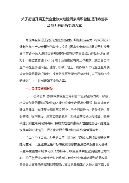 关于街道开展工贸企业较大危险因素辨识管控提升防范事故能力行动的实施方案