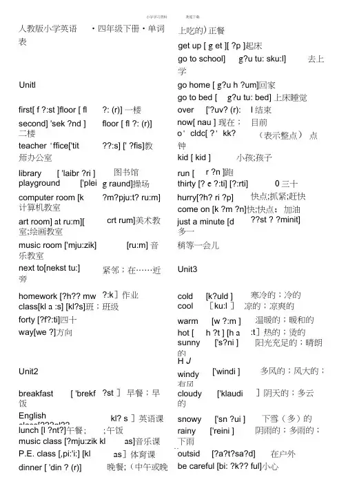 人教版pep小学英语四年级下册单词表(带音标)