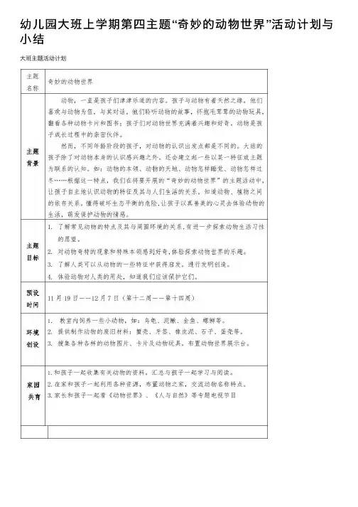 幼儿园大班上学期第四主题“奇妙的动物世界”活动计划与小结