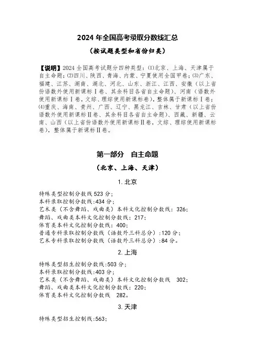 1.2024年全国高考录取分数线汇总(按试题类型和省份归类)