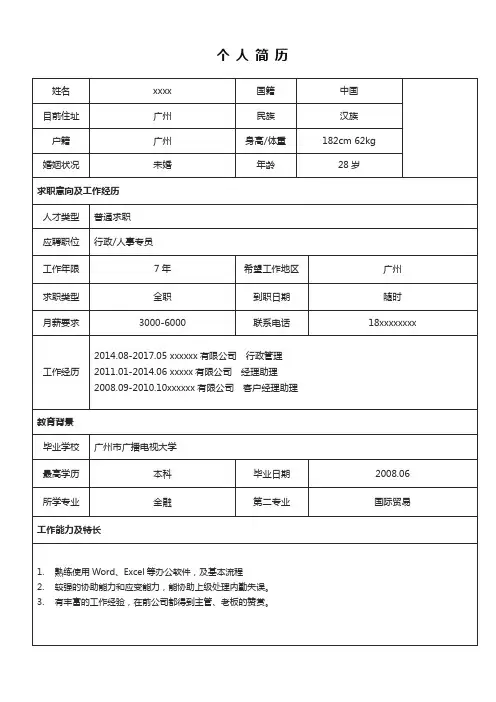 精品找工作求职简历模板-黑白表格