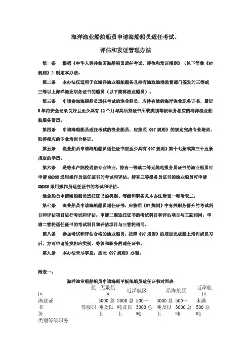 海洋渔业船舶船员申请海船船员适任考试、评估和发证管理办法