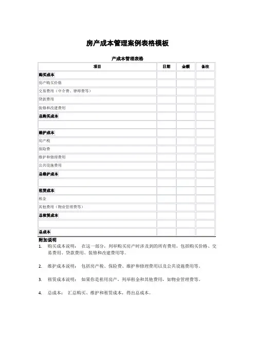 房产成本管理案例表格模板