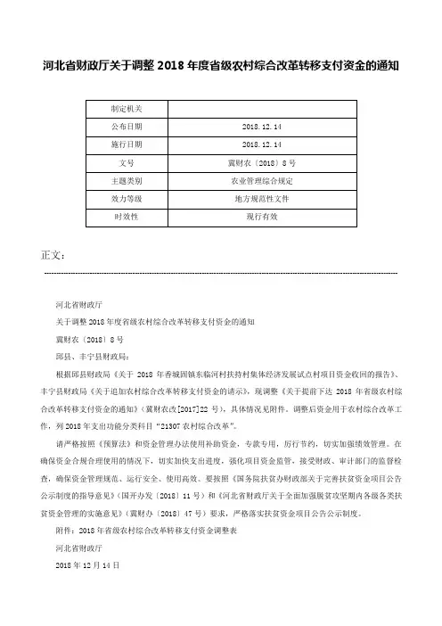 河北省财政厅关于调整2018年度省级农村综合改革转移支付资金的通知-冀财农〔2018〕8号