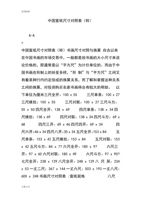 中国宣纸尺寸对照表(转)