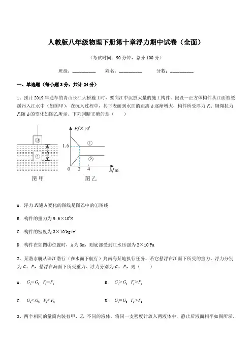 2020学年人教版八年级物理下册第十章浮力期中试卷(全面)