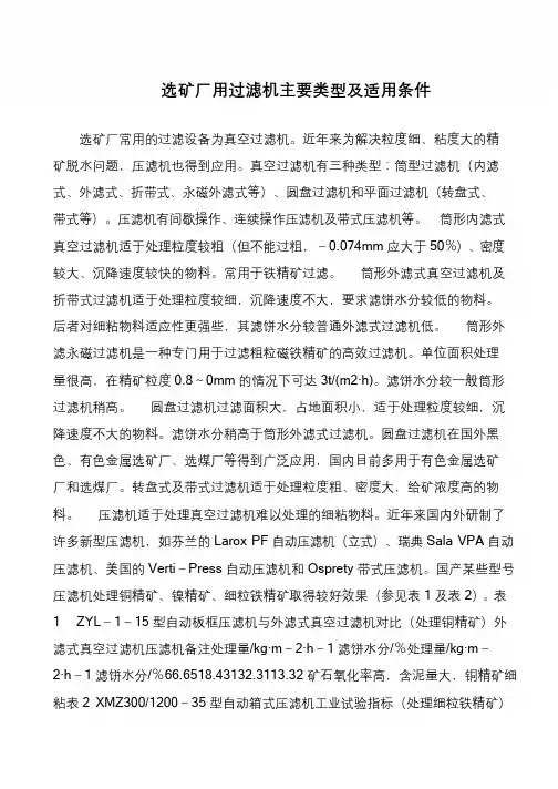 选矿厂用过滤机主要类型及适用条件