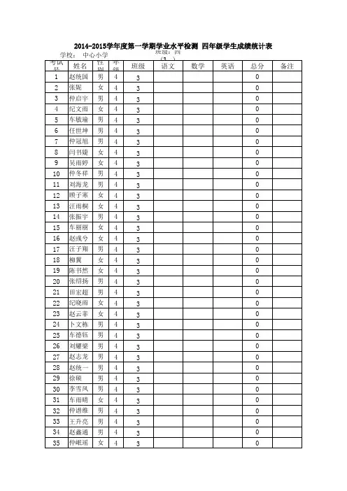 四年级考试成绩登记表