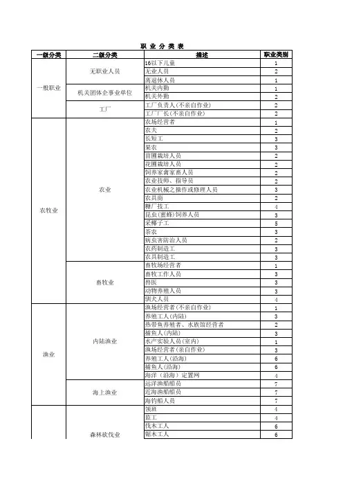 职业分类表一级分类二级分类描述职业类别