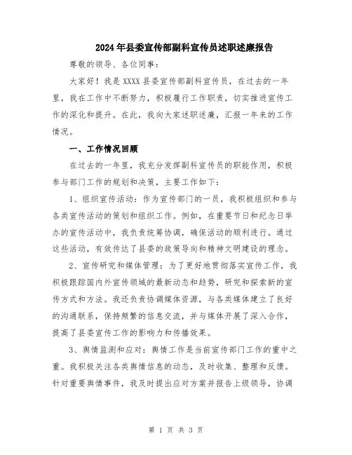 2024年县委宣传部副科宣传员述职述廉报告