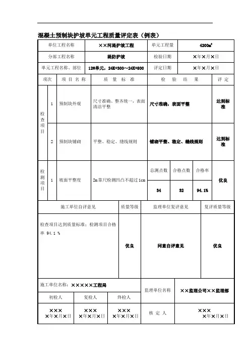 混凝土预制块护坡单元工程质量评定表