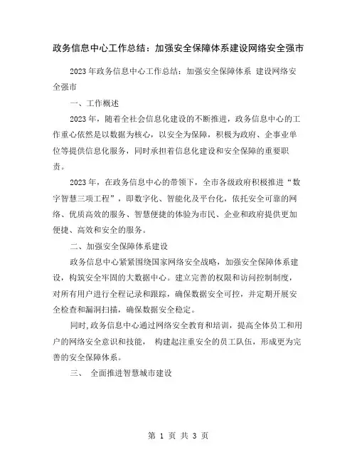 政务信息中心工作总结：加强安全保障体系建设网络安全强市