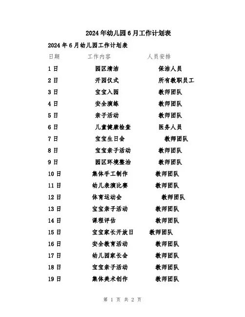 2024年幼儿园6月工作计划表