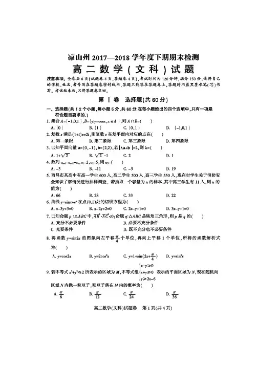 凉山州2017-2018学年度下期期末统一检测高二数学文科试题及答案