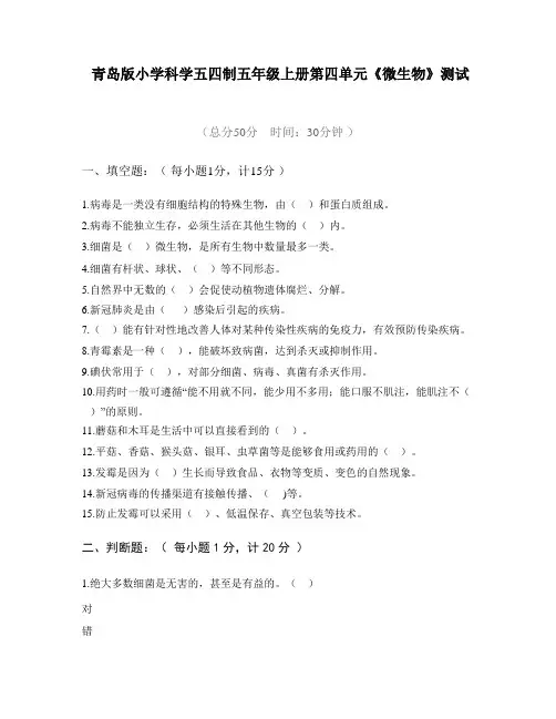 第四单元《微生物》(单元测试)科学五年级上册