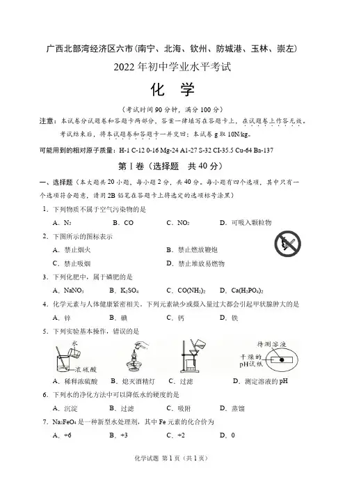 2022年广西北部湾经济区六市(南宁、北海、钦州、防城港、玉林、崇左)中考化学试题(含答案)