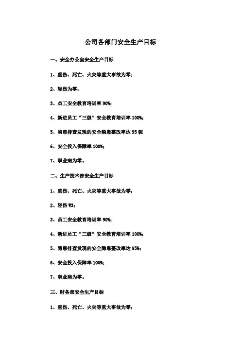 公司各部门安全生产目标