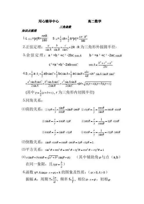 高中三角函数公式大全及经典习题测验解答