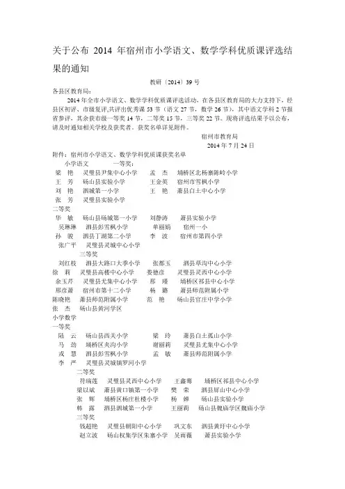 2014年宿州市小学语文、数学学科优质课评选结果